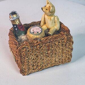 Vintage 1988 Teddy Bear Figurine In Wicker Basket With Champagne & Jam Hand-Pain